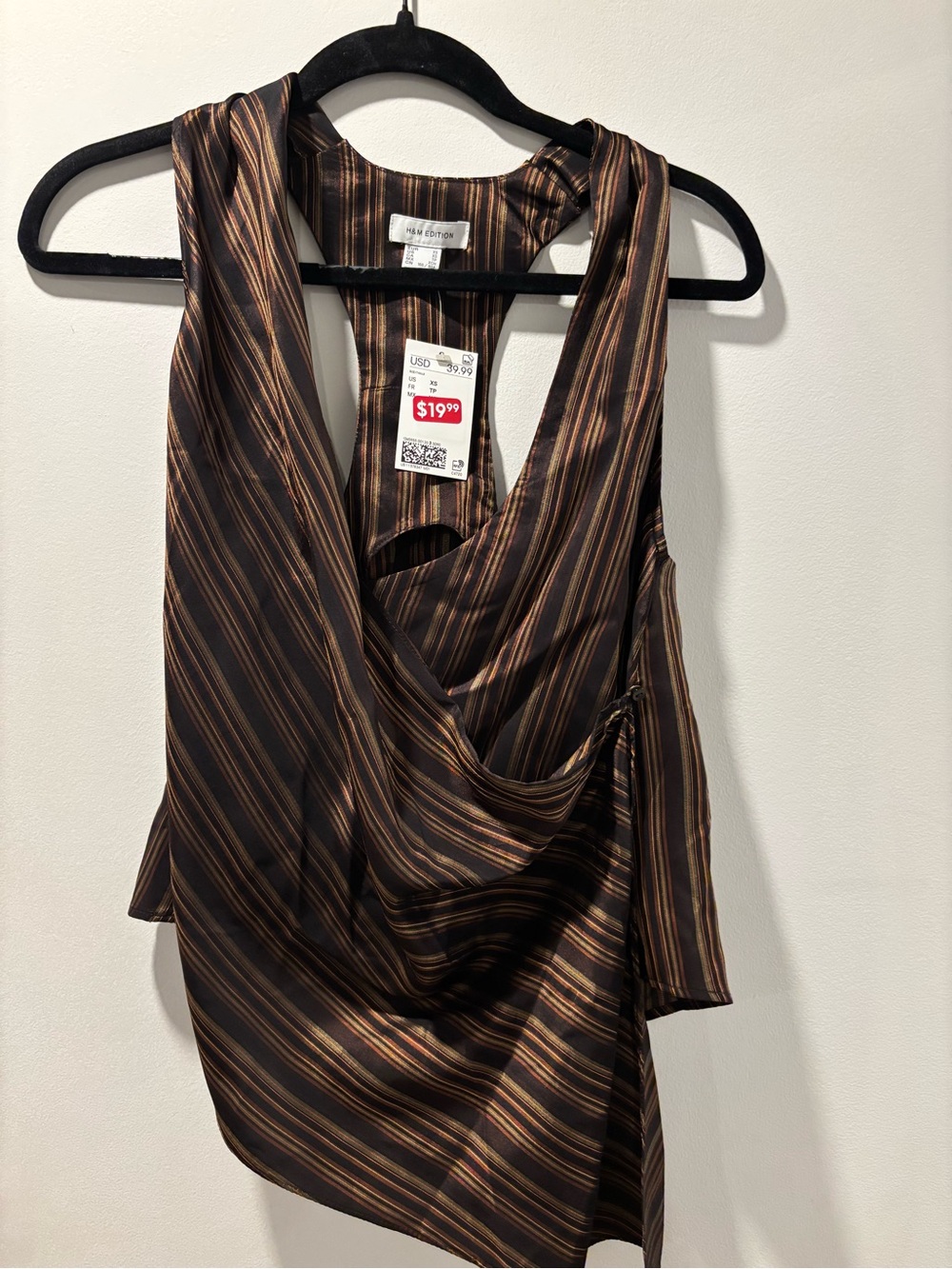 H&M Brown and Gold Striped Draped Satin Tank Top